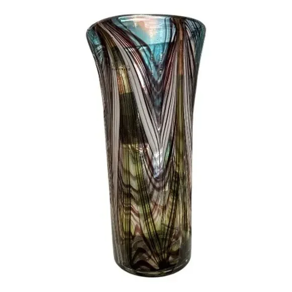 Murano Glassware Tall Brown White Blue Hand Blown Glass Vase